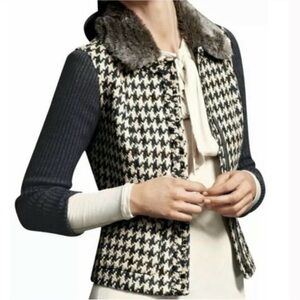 CAbi Mixer Houndstooth Jacket Faux Fur Collar  Gray and Tan #978 Sz 10